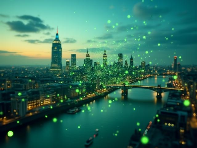 Financial district skyline with overlay of data